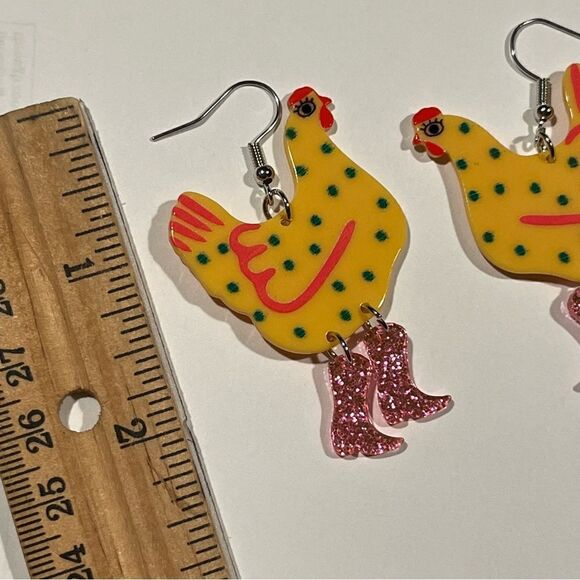 Fun Lightweight Chicken Earrings Lime Green, Pink & Gold Funky - Picture 3 of 3